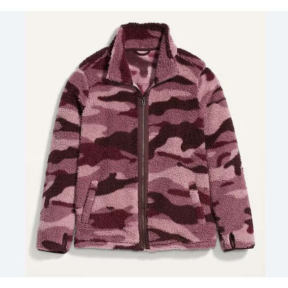 Old Navy Cozy Teddy-Sherpa Plus-Size Full-Zip Jacket Raspberry Camo Sz XXL Tall - Picture 2 of 11